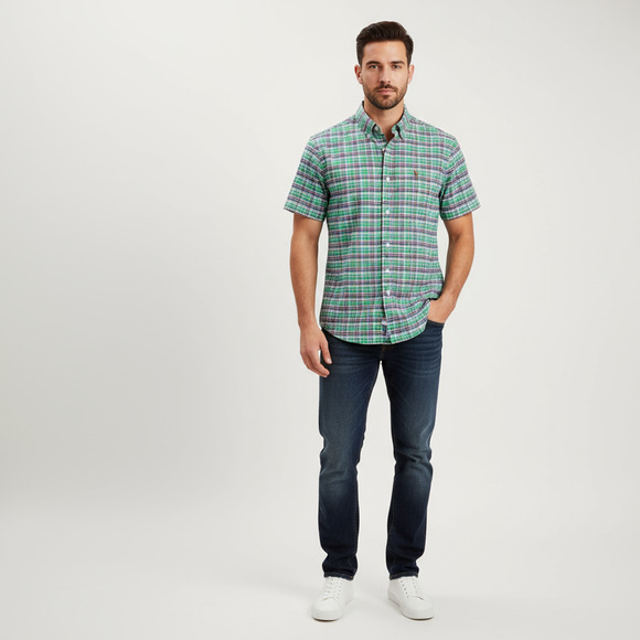 Ralph Lauren Slim Fit Shirt Mens L Green Purple White Plaid Short Sleeve Cotton - Picture 1 of 8